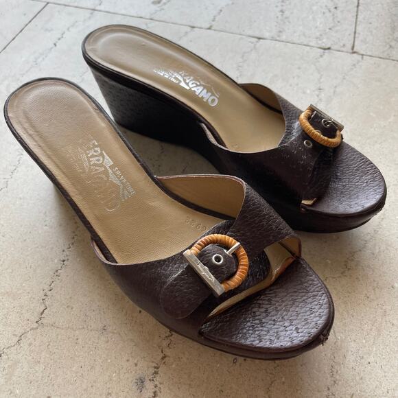 Salvatore Ferragamo Shoes - Salvatore Ferragamo Vintage Brown Leather Buckle Wedges Sandals Women's Size 8.5
